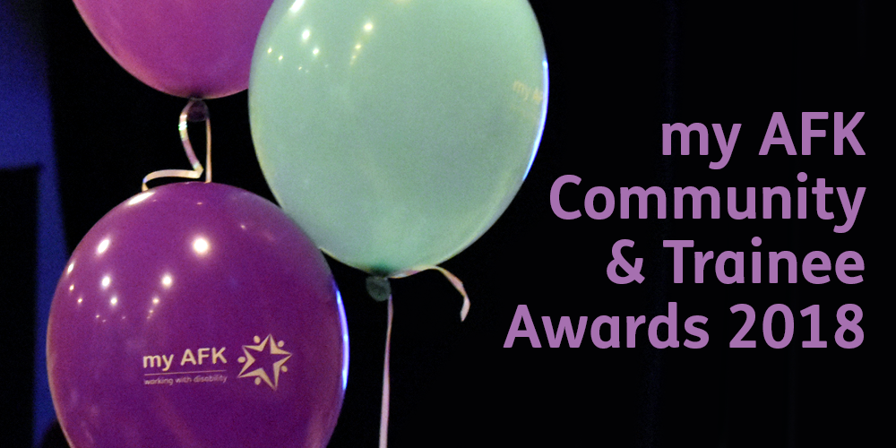 Balloons with my AFK logo on them; text reads "Community & Trainee Awards 2018"