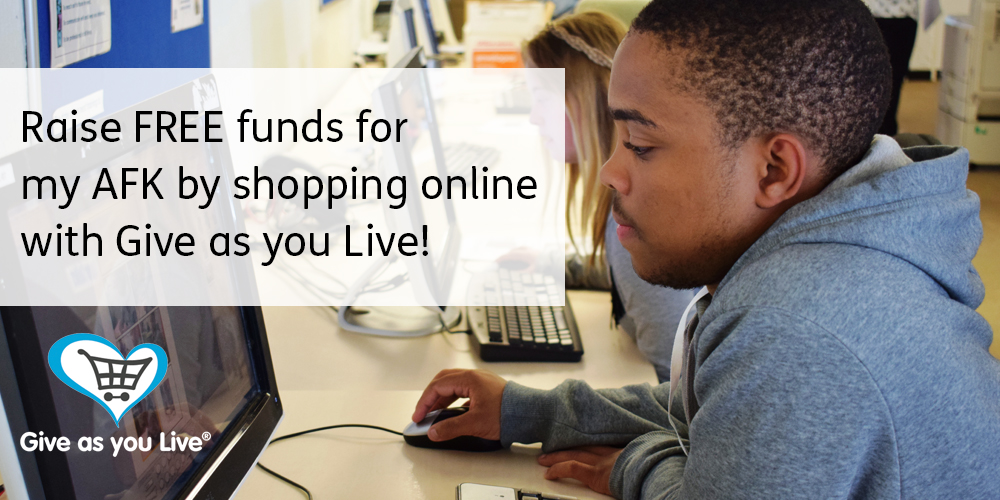 Young man on computer, text box reads "raise free funds for my AFK by shopping online with Give as you Live"