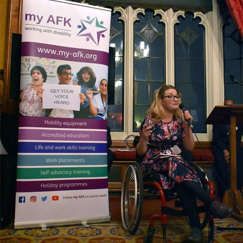 Dr Hannah Barham-Brown speaking at a my AFK event