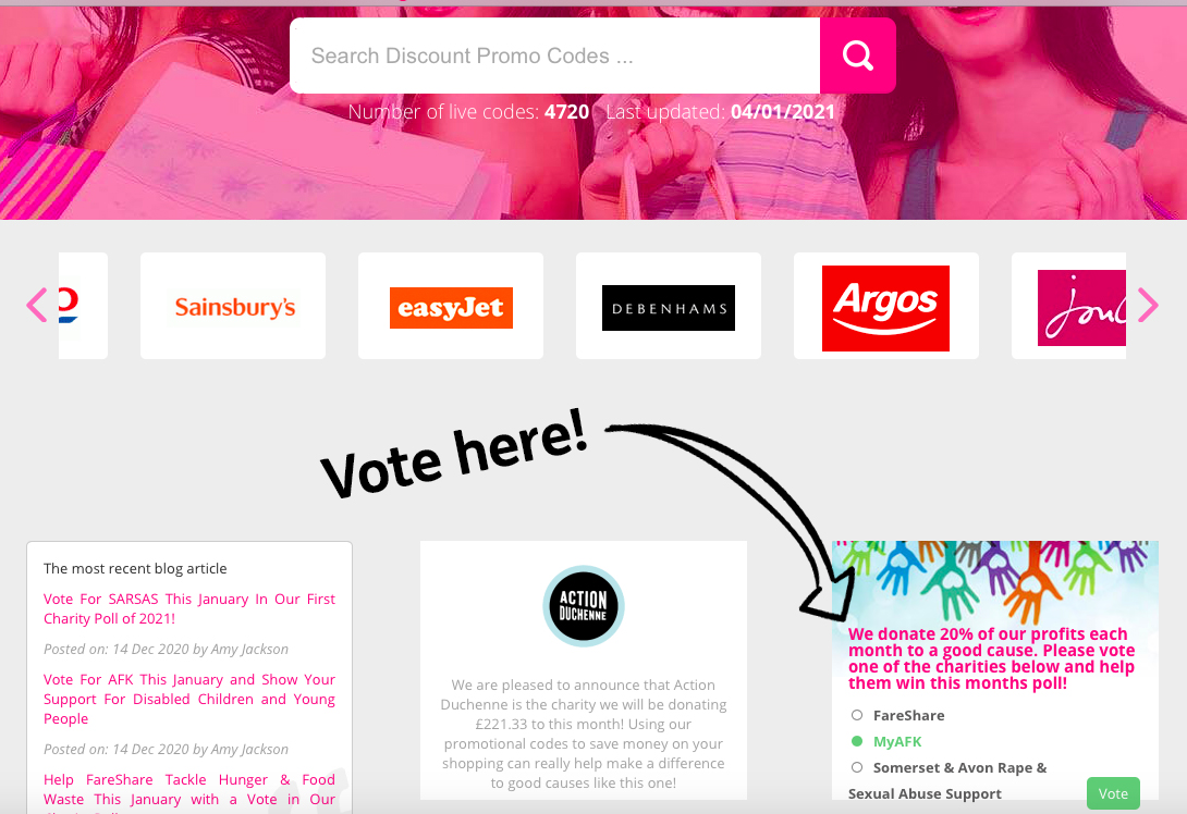 Screenshot of the Discount Promo Codes website with an arrow pointing to the Charity Poll