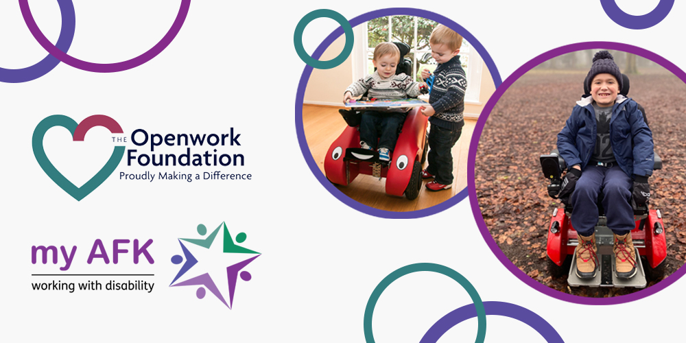 Openwork Foundation story banner featuring two photos of young George in his AFK-funded powerchairs