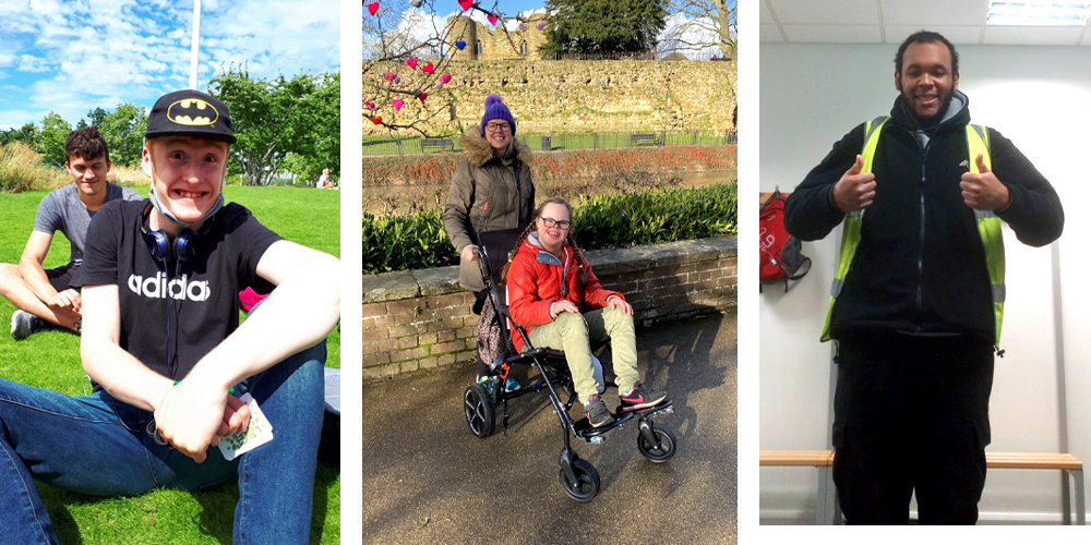 collage of young people in our holiday programme, a wheelchair beneficiary and a young man starting a new job